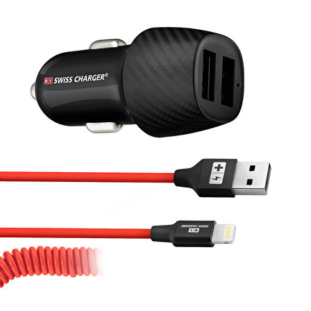 Swiss Charger 17W 2xUSB Hızlı Araç Şarj Adaptörü ve USB to Lightning 1,5m Spiral Kablo Seti